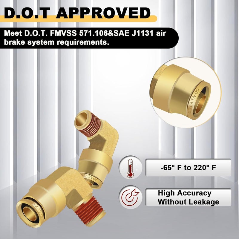 Siptenk 1/2" Elbow DOT Brass Push to Connect Air Line Fittings 5 PCS, 1/2" OD Tube x 1/4" NPT Thread Air Brake Line Quick Connect Fittings for Truck Trailers Industry Air System - Image 4